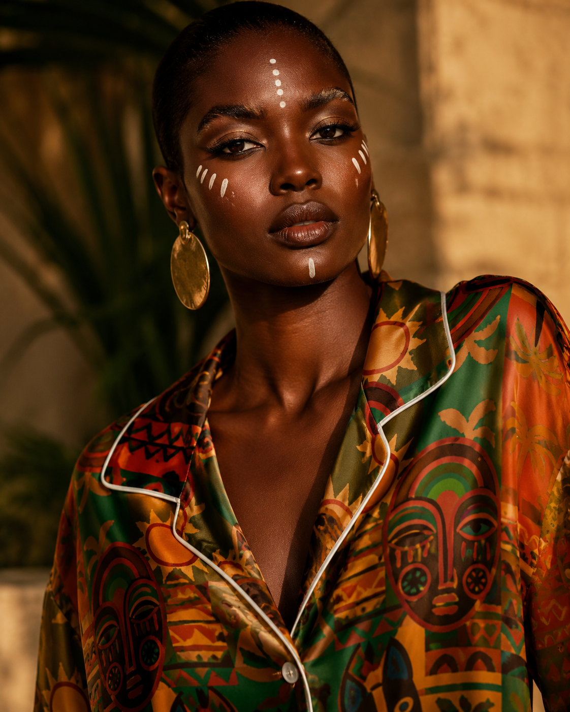 Un regard calme. Une posture souveraine.
Les motifs dialoguent avec la peau comme des fragments d’histoire, entre art cérémoniel et élégance contemporaine.
Une pièce pensée comme une œuvre à porter.