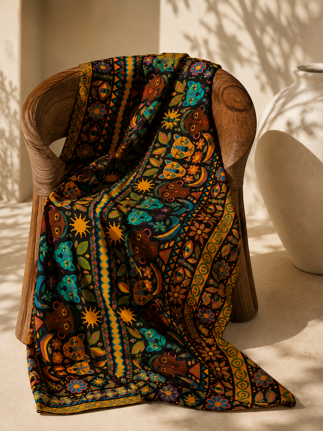 Le pagne Okoumea est présenté sur un fauteuil en bois sculpté dans une ambiance inspirée des plus belles campagnes de luxe. Son design artistique apporte une touche chaleureuse et raffinée à tout intérieur contemporain.
