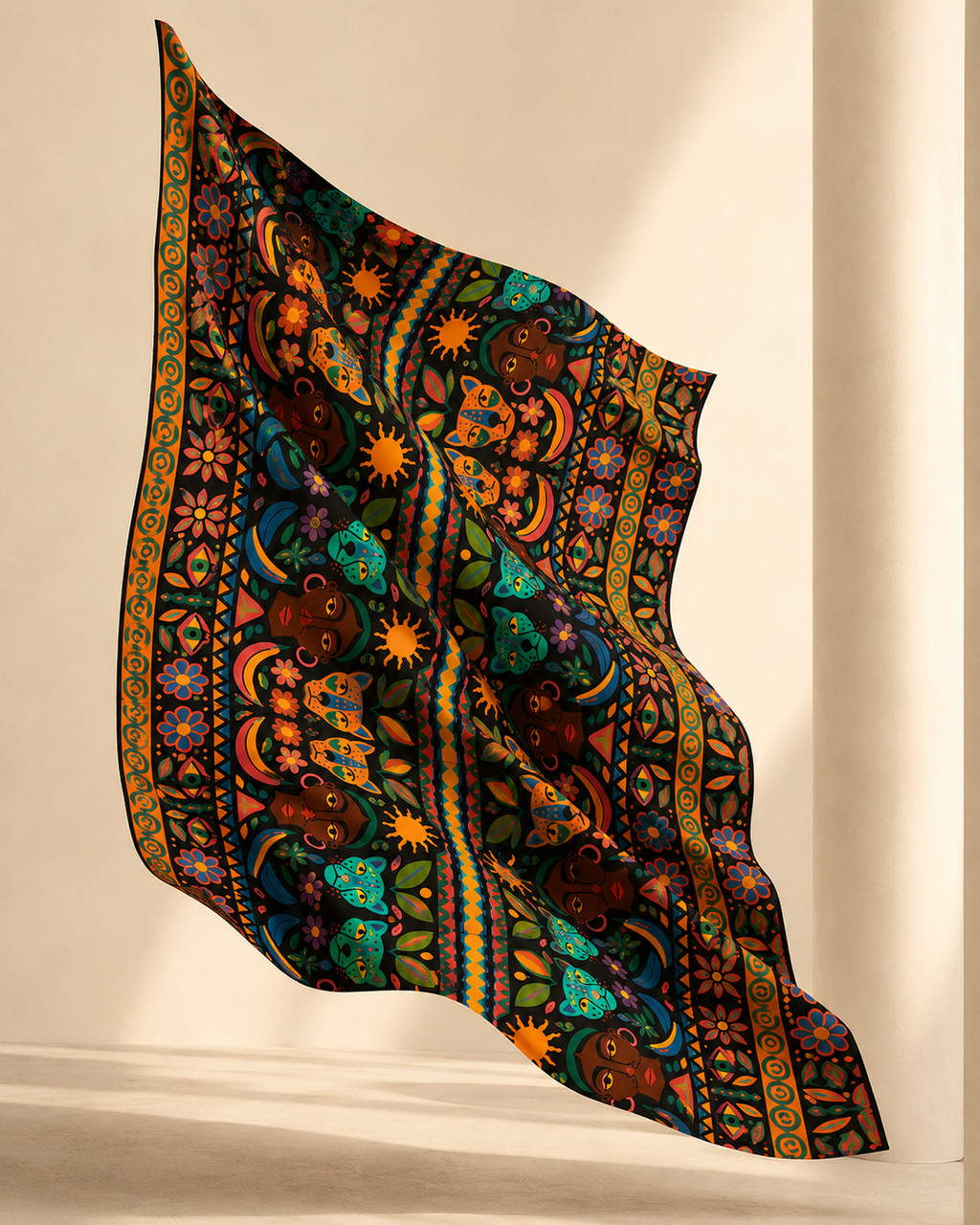 Le pagne Okoumea semble flotter avec élégance dans un espace minimaliste. Les mouvements naturels du tissu mettent en lumière la qualité du coton et l'intensité des couleurs, sublimant ce textile d'exception signé Élisabeth Akaïa Kaï.