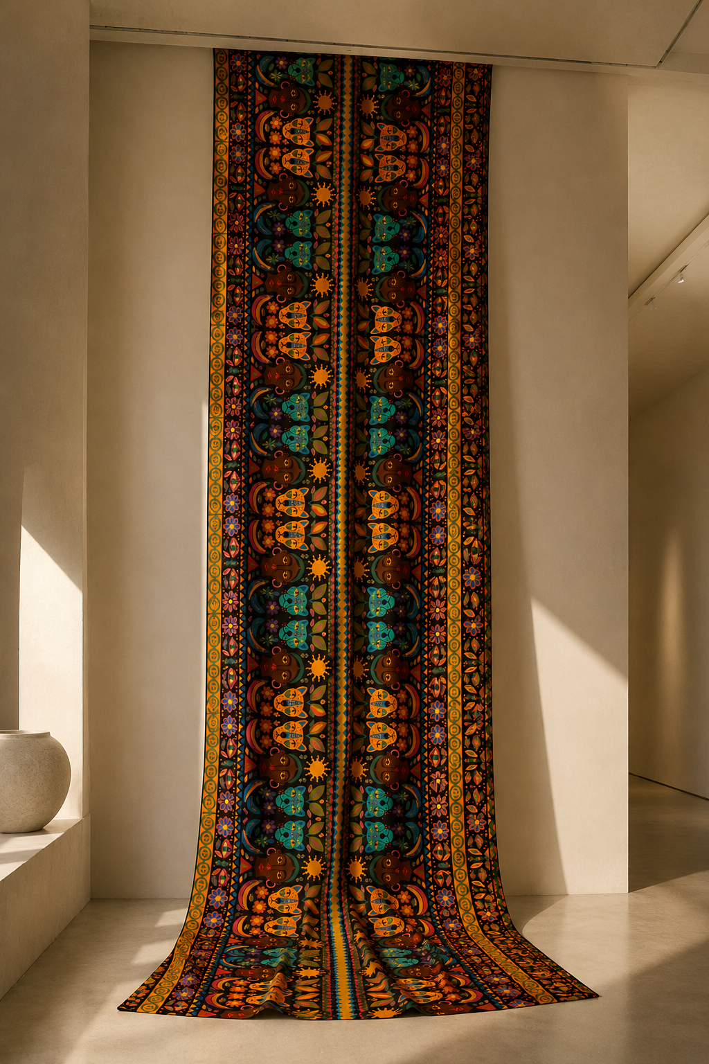 Le pagne Okoumea est exposé comme une œuvre monumentale dans une galerie contemporaine. Cette photographie révèle toute la puissance visuelle du motif et affirme le positionnement artistique de la Maison Élisabeth Akaïa Kaï.