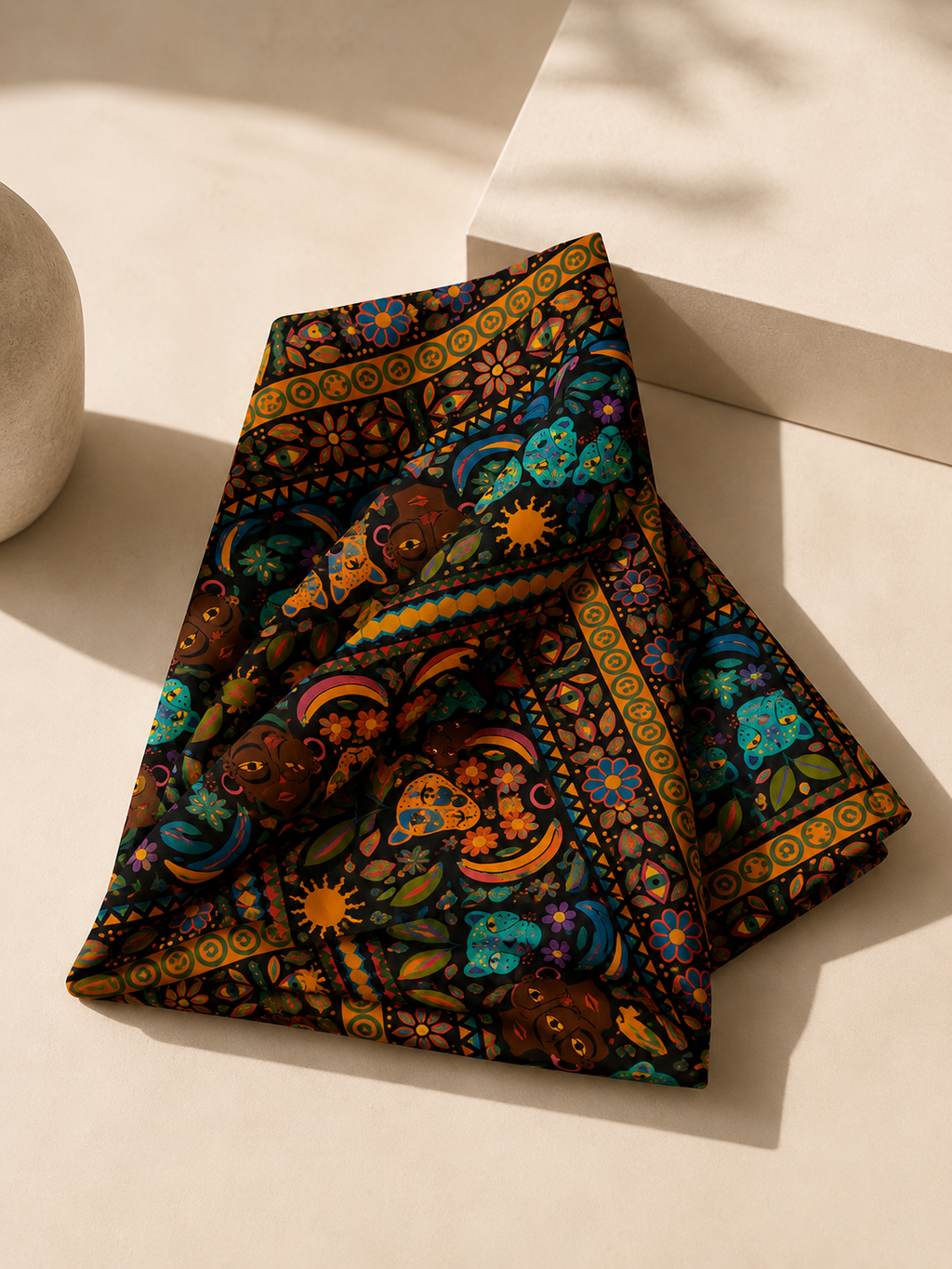 Le pagne Okoumea est présenté dans une composition inspirée de l'origami textile. Les plis soigneusement réalisés révèlent plusieurs parties du motif sans jamais altérer son harmonie graphique.
