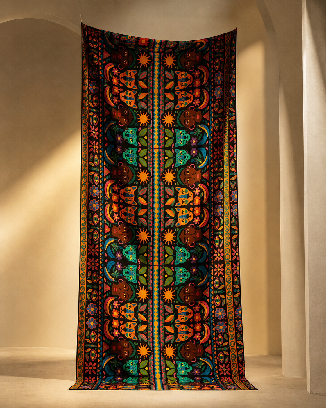 Le pagne Okoumea d'Élisabeth Akaïa Kaï est présenté suspendu dans une galerie d'art contemporaine. Son motif exclusif, inspiré de la nature, de la faune africaine et de l'art graphique, révèle toute la richesse de l'impression sur coton dans une mise en scène digne d'une maison de luxe.