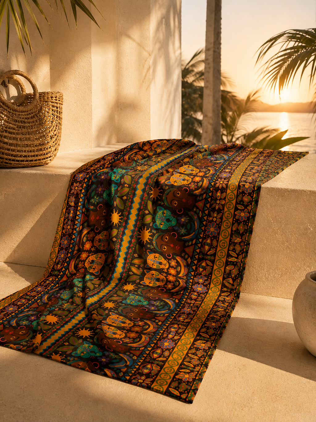 Le pagne Okoumea s'invite dans un décor tropical baigné de lumière dorée. Cette mise en scène évoque l'évasion, l'art de vivre et l'élégance, tout en mettant en valeur la richesse de son motif exclusif.