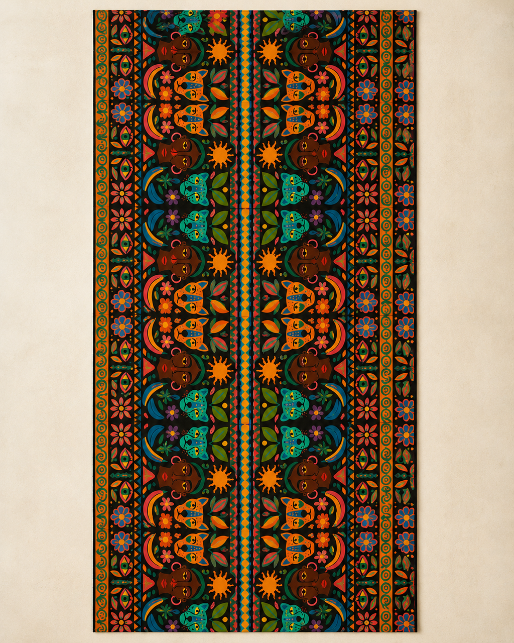 Vue intégrale du pagne Okoumea mettant en avant son motif exclusif sur toute sa longueur. Cette photographie permet d'apprécier l'équilibre de la composition, les détails graphiques et la qualité d'impression du coton.