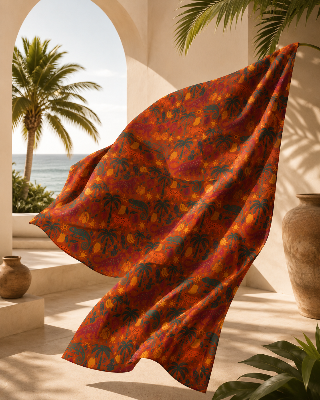 Le pagne Éden flotte majestueusement dans une architecture méditerranéenne baignée de lumière dorée. Une campagne éditoriale célébrant l'art textile, la nature tropicale et le luxe responsable signé Élisabeth Akaïa Kaï.