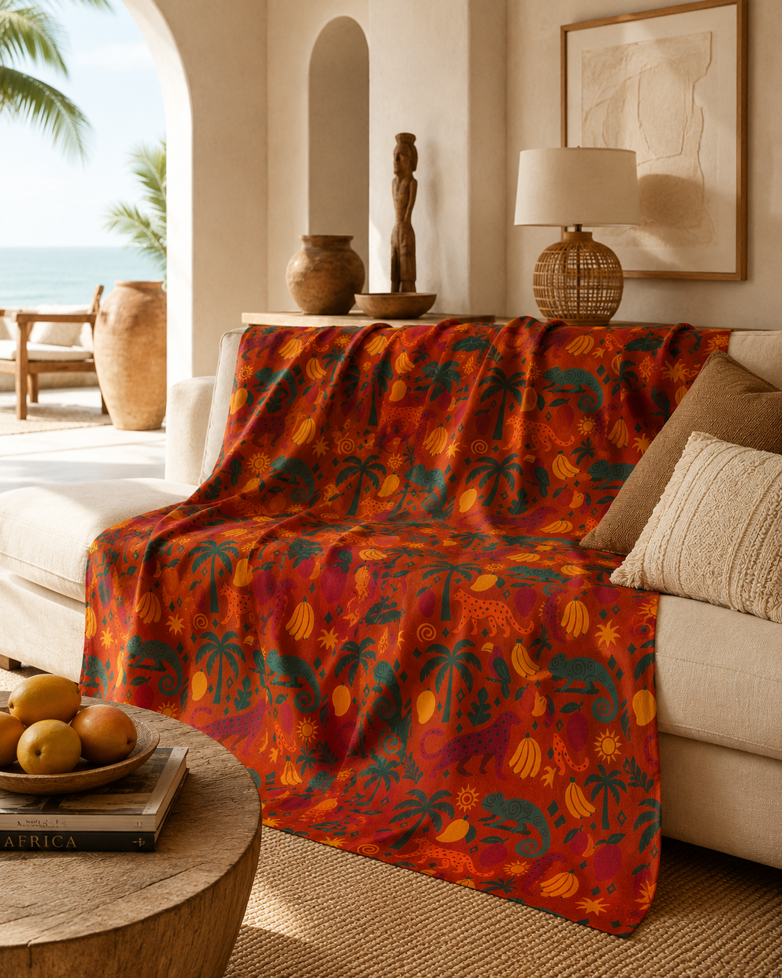 Utilisé comme jeté décoratif sur un canapé en lin ivoire, le pagne Éden sublime les intérieurs grâce à son motif artistique inspiré de la nature équatoriale.