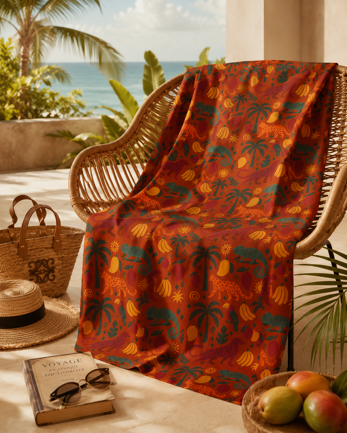 Posé sur un fauteuil en rotin face à une terrasse tropicale, le pagne Éden évoque l'art de vivre sous les tropiques et l'élégance des maisons de luxe contemporaines.