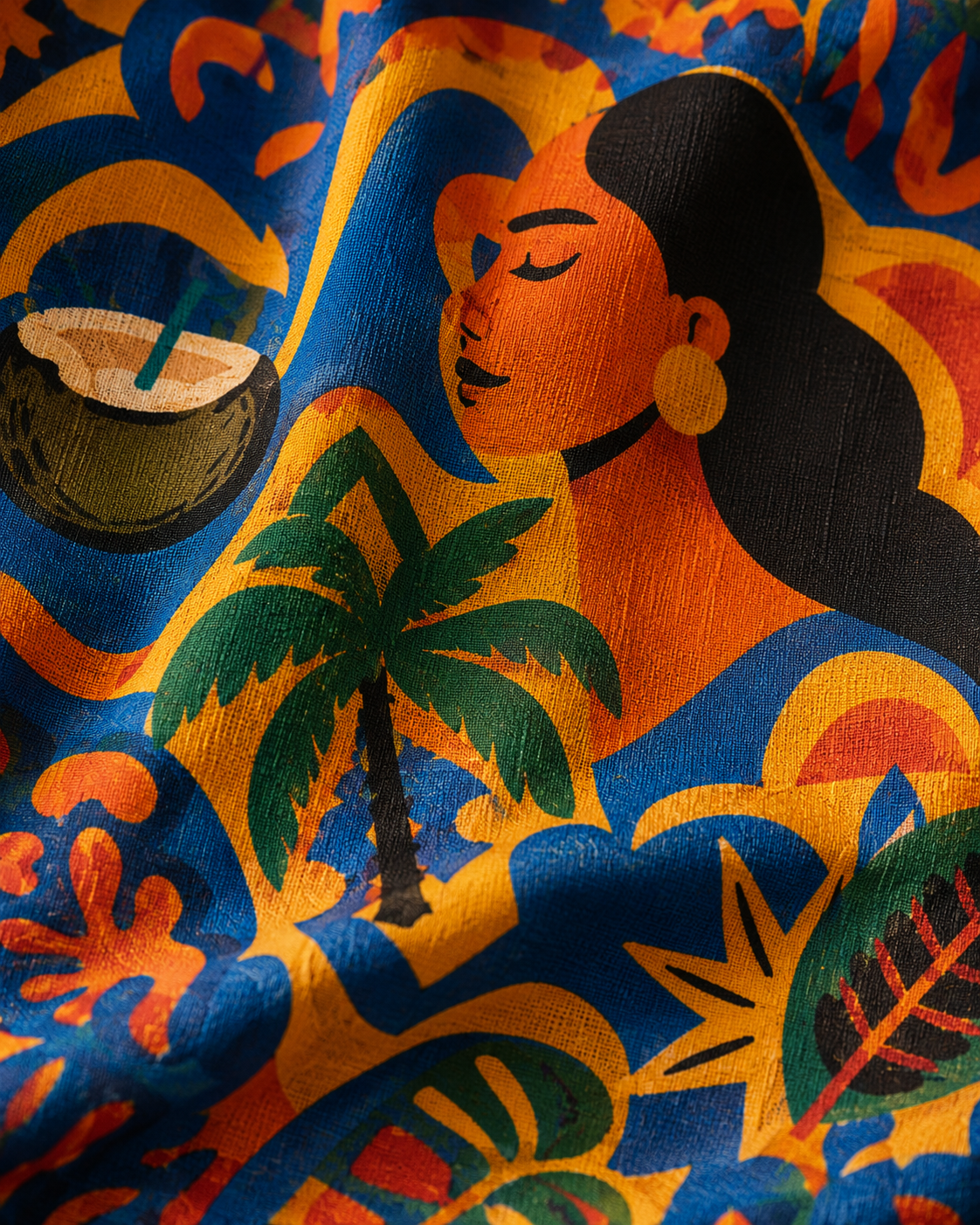 Une photographie macro qui met en valeur la texture naturelle du coton et la finesse de l'impression du pagne Isla Sol. Les pigments profonds révèlent toute la qualité d'une création textile haut de gamme.