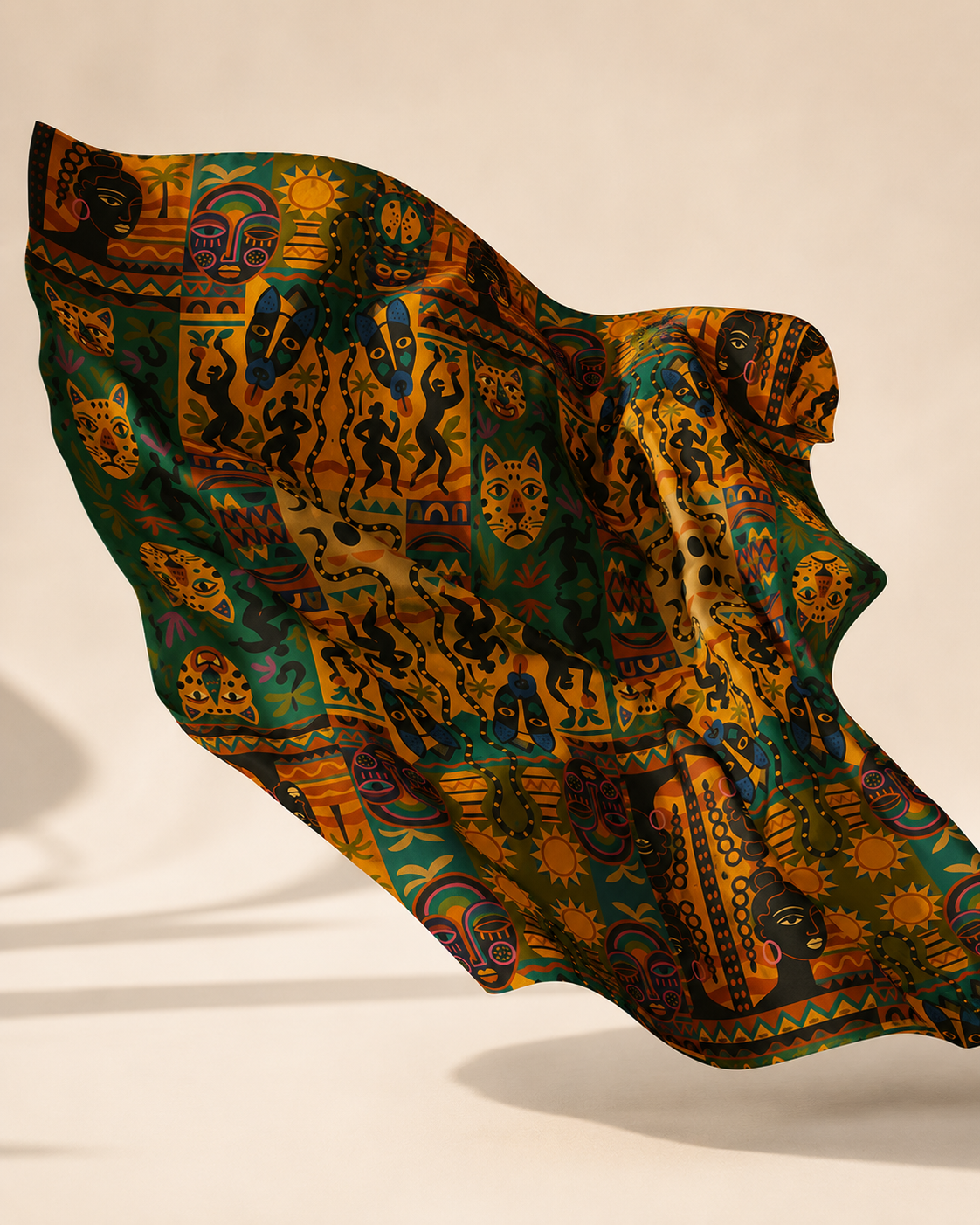 Le pagne Nzinga dévoile toute la légèreté de son coton dans une photographie où le tissu flotte naturellement. Les ondulations mettent en valeur la qualité de l'impression et la beauté de son motif exclusif imaginé par Élisabeth Akaïa Kaï.