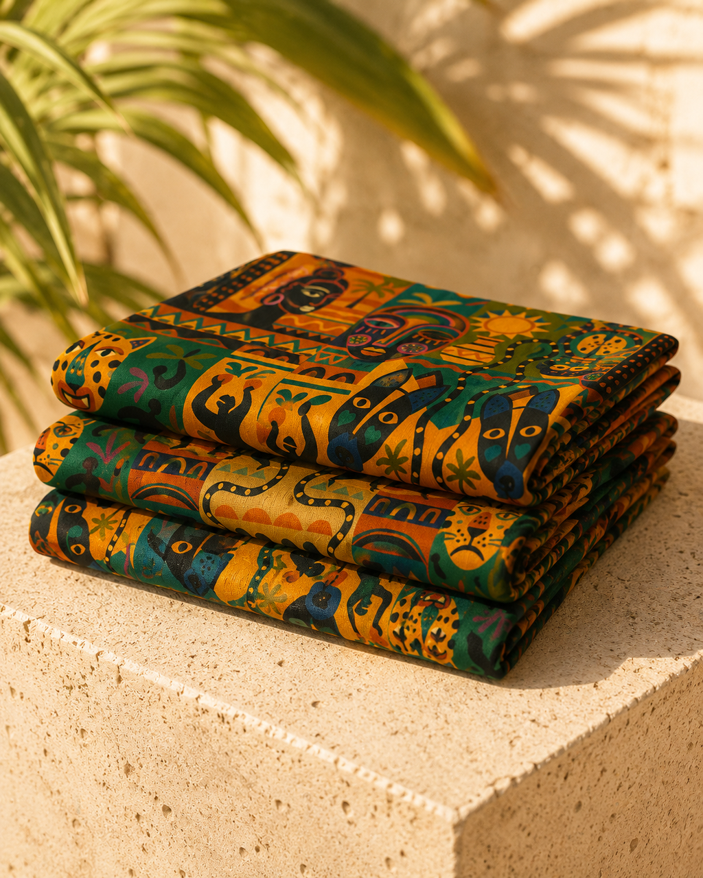 Présenté avec élégance sur un socle en travertin, le pagne Nzinga révèle plusieurs parties de son motif artistique. Une création textile haut de gamme, fabriquée à la demande dans l'esprit du luxe responsable.