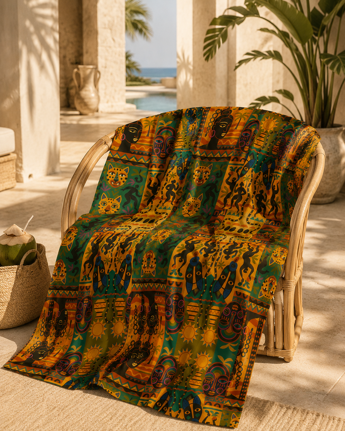 Le pagne Nzinga sublime un intérieur contemporain grâce à son motif riche et coloré. Une photographie éditoriale qui met en avant son potentiel aussi bien pour la mode que pour la décoration haut de gamme.