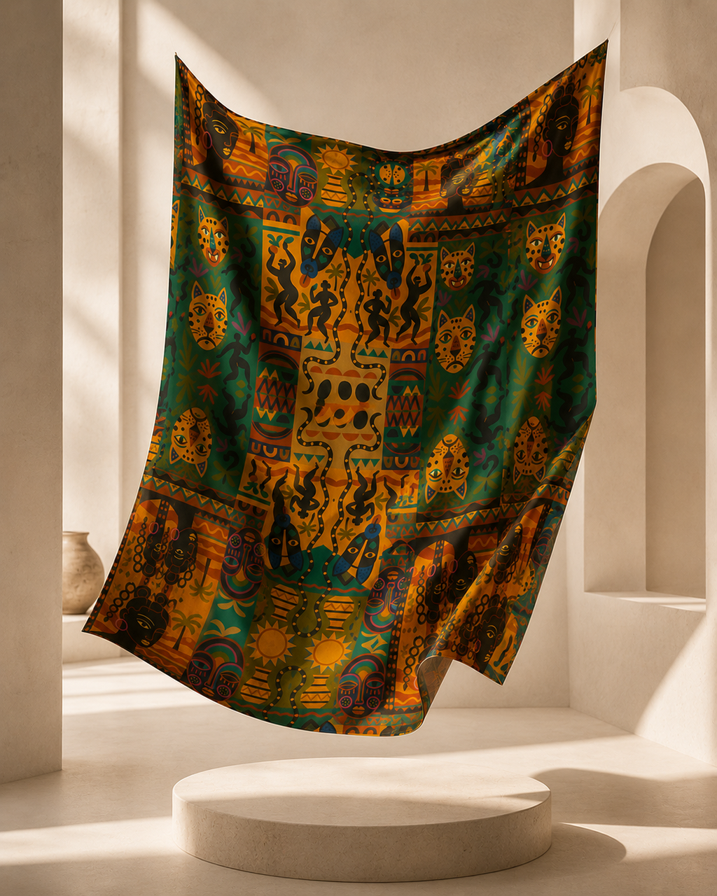 Découvrez le pagne Nzinga signé Élisabeth Akaïa Kaï dans une mise en scène inspirée des plus grandes maisons de luxe. Suspendu au cœur d'un décor minimaliste, ce tissu artistique révèle toute la richesse de son motif africain exclusif et de son impression haute définition.