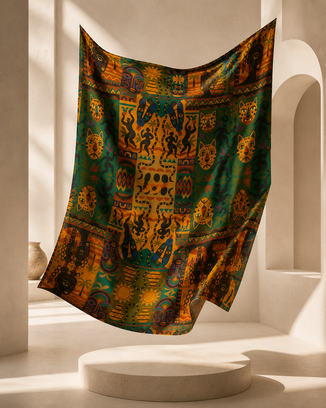Découvrez le pagne Nzinga signé Élisabeth Akaïa Kaï dans une mise en scène inspirée des plus grandes maisons de luxe. Suspendu au cœur d'un décor minimaliste, ce tissu artistique révèle toute la richesse de son motif africain exclusif et de son impression haute définition.