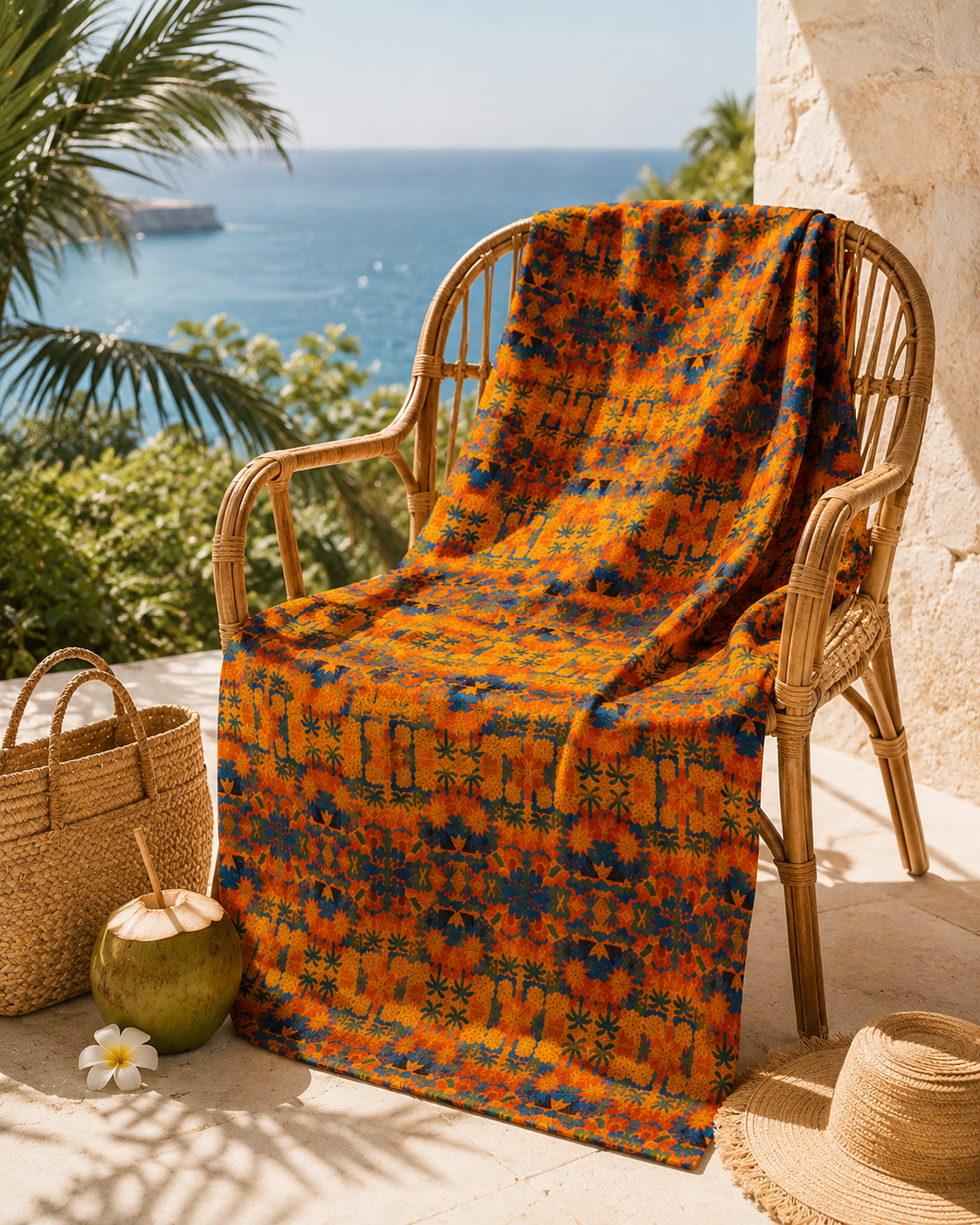 Le pagne Palma Aurea s'invite dans un decor ensoleille inspire des rivieras et des paysages tropicaux. Une creation en coton qui evoque le voyage, la lumiere et l'elegance afro-luxe.
