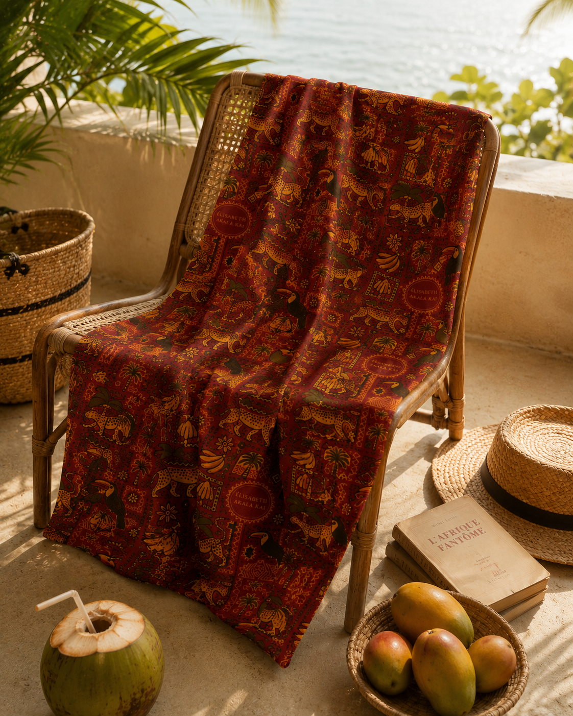 Inspiré des paysages entre Libreville et la Méditerranée, le pagne Palma Aurea s'intègre dans un univers solaire et raffiné. Une création textile qui évoque le voyage, la mémoire et le luxe discret.
