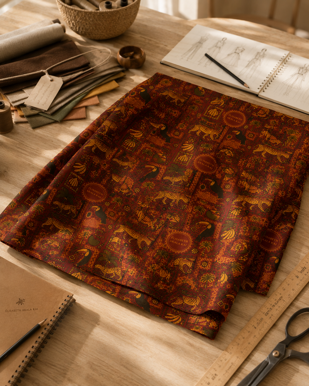 Au cœur de l'atelier de création, le pagne Palma Aurea prend place parmi les outils du styliste. Cette image illustre le processus créatif et l'attention portée à chaque détail de cette œuvre textile.