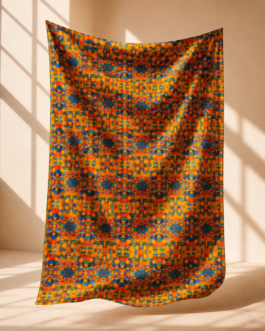 Le pagne Palma Aurea est presente dans toute son ampleur afin de reveler son motif artistique exclusif. Une creation en coton signee Elisabeth Akaia Kai, inspiree des paysages tropicaux et du luxe contemporain.