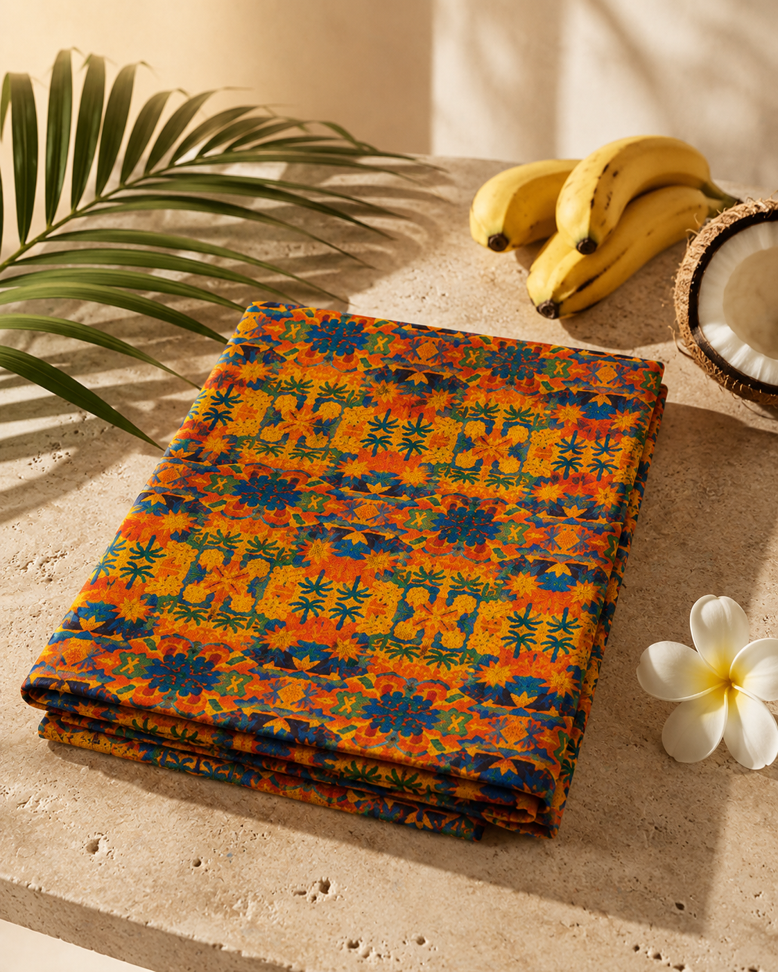 Le pagne Palma Aurea est soigneusement plie afin de mettre en valeur son motif all-over et la qualite de son coton. Une creation elegante concue pour la mode et les projets textiles d'exception.