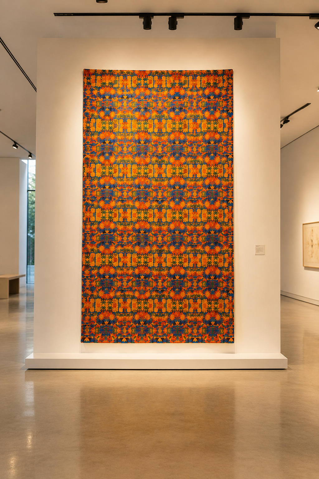 Expose comme une oeuvre d'art dans une galerie contemporaine, le pagne Palma Aurea affirme sa dimension artistique. Une creation textile exclusive concue comme une piece de collection.