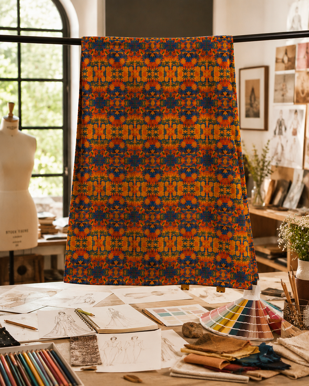 Le pagne Palma Aurea prend vie au coeur de l'atelier de creation Elisabeth Akaia Kai. Une image qui illustre la rencontre entre l'art textile, le dessin et le savoir-faire.