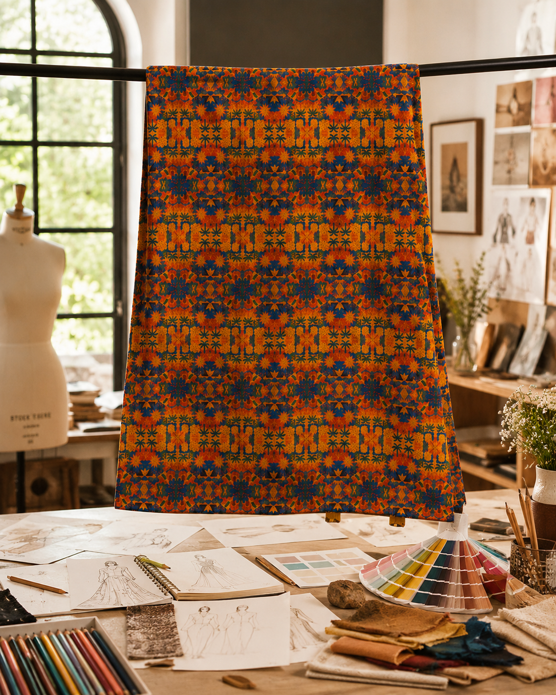 Le pagne Palma Aurea prend vie au coeur de l'atelier de creation Elisabeth Akaia Kai. Une image qui illustre la rencontre entre l'art textile, le dessin et le savoir-faire.