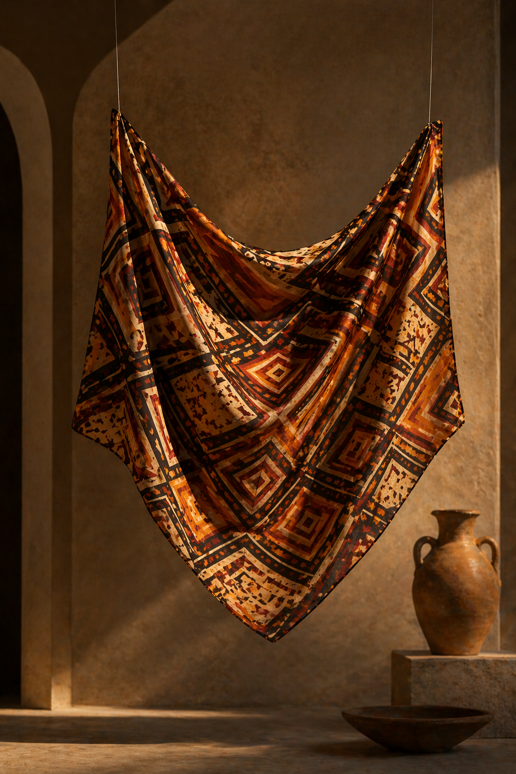 Présentation artistique du paréo imprimé Nyara comme pièce textile collectible entre art, mode et luxe.