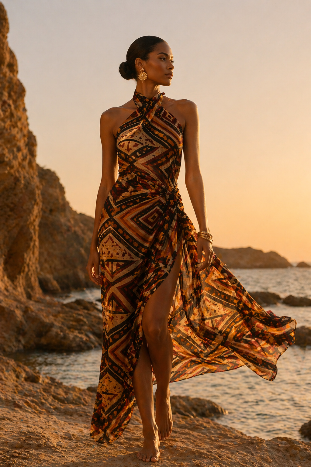 Le paréo Nyara se porte en robe drapée pour une allure resortwear sophistiquée mêlant afro-luxe et élégance solaire.