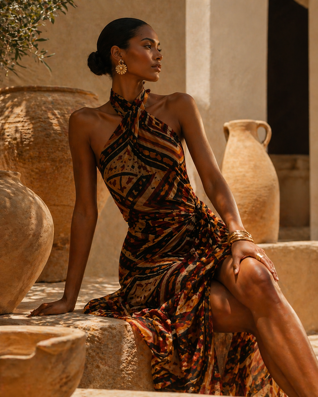 Campagne éditoriale du paréo Nyara inspirée du quiet luxury, entre architecture méditerranéenne et mode africaine haut de gamme.