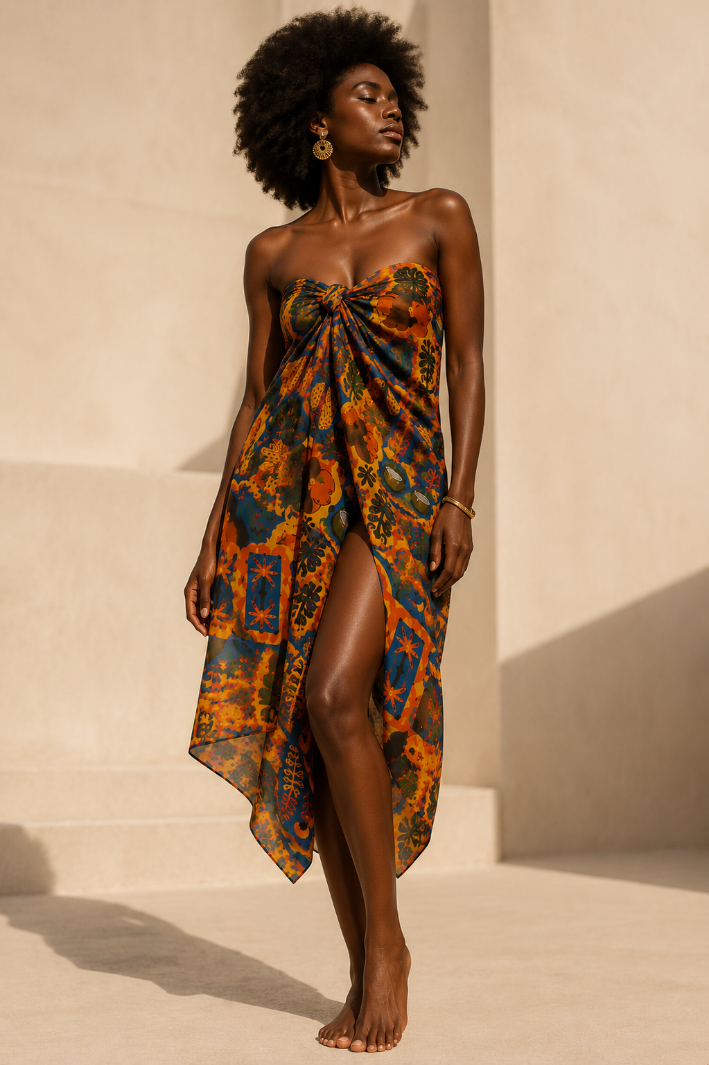 Le pareo Isla Sol porte par un mannequin met en valeur son tombe fluide, son imprime artistique exclusif et son elegance naturelle. Une creation de la Maison Elisabeth Akaia Kai inspiree par le luxe contemporain et les destinations solaires.