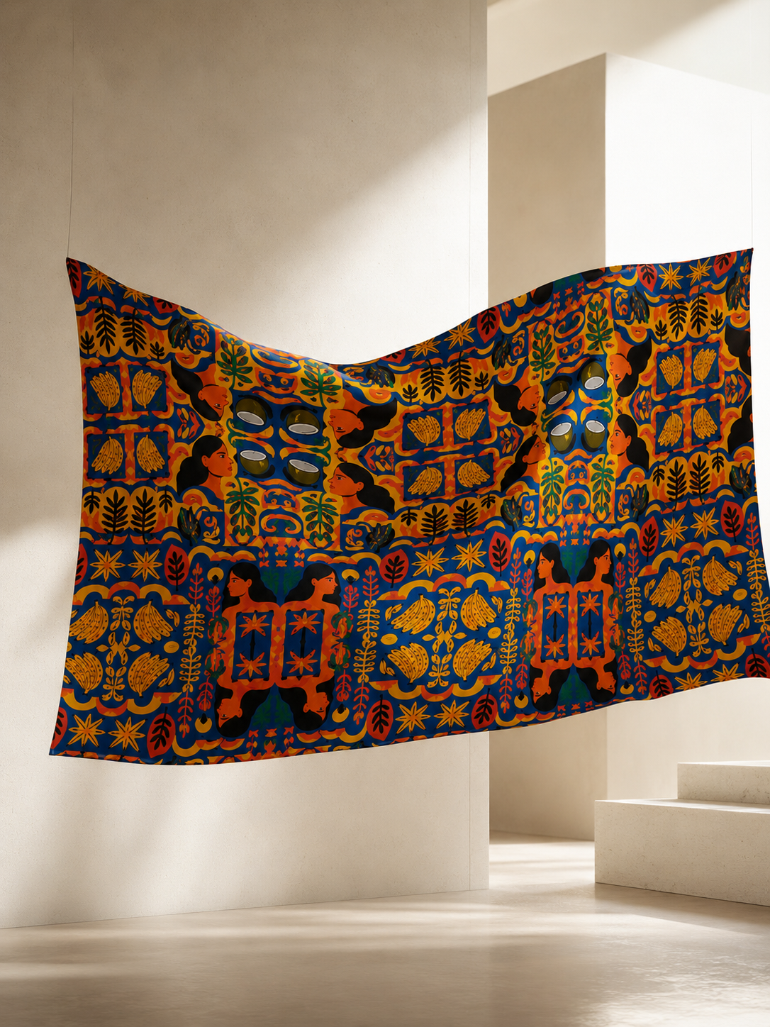 Le pareo Isla Sol suspendu comme une oeuvre textile revele la finesse de son imprime et la qualite de son tissu. Une creation artistique signee Elisabeth Akaia Kai.