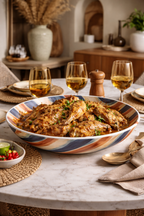 Plat Mbeya en céramique artistique posé sur une table de salle à manger design, garni d’un plat traditionnel gabonais au poulet, mettant en valeur un art de la table afro-luxe élégant et contemporain.