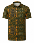 Vue avant du Polo Cintré Kasuba. Son imprimé inspiré des masques africains et sa coupe structurée créent une silhouette forte, idéale pour un vestiaire masculin moderne et affirmé.