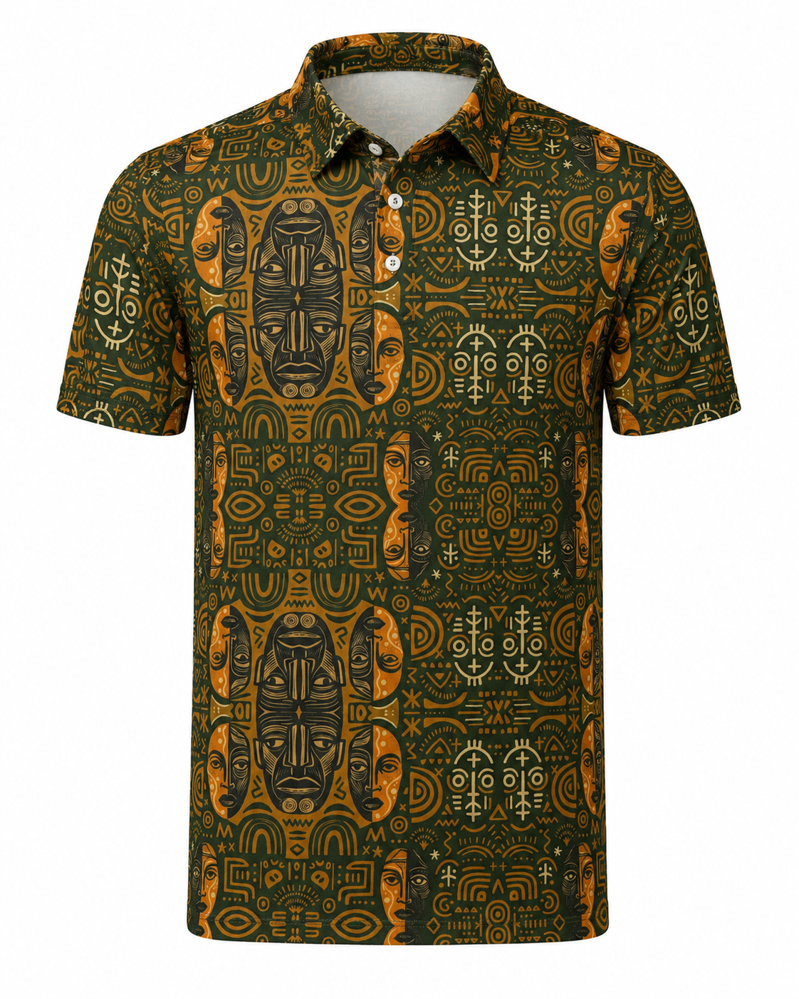 Vue avant du Polo Cintré Kasuba. Son imprimé inspiré des masques africains et sa coupe structurée créent une silhouette forte, idéale pour un vestiaire masculin moderne et affirmé.