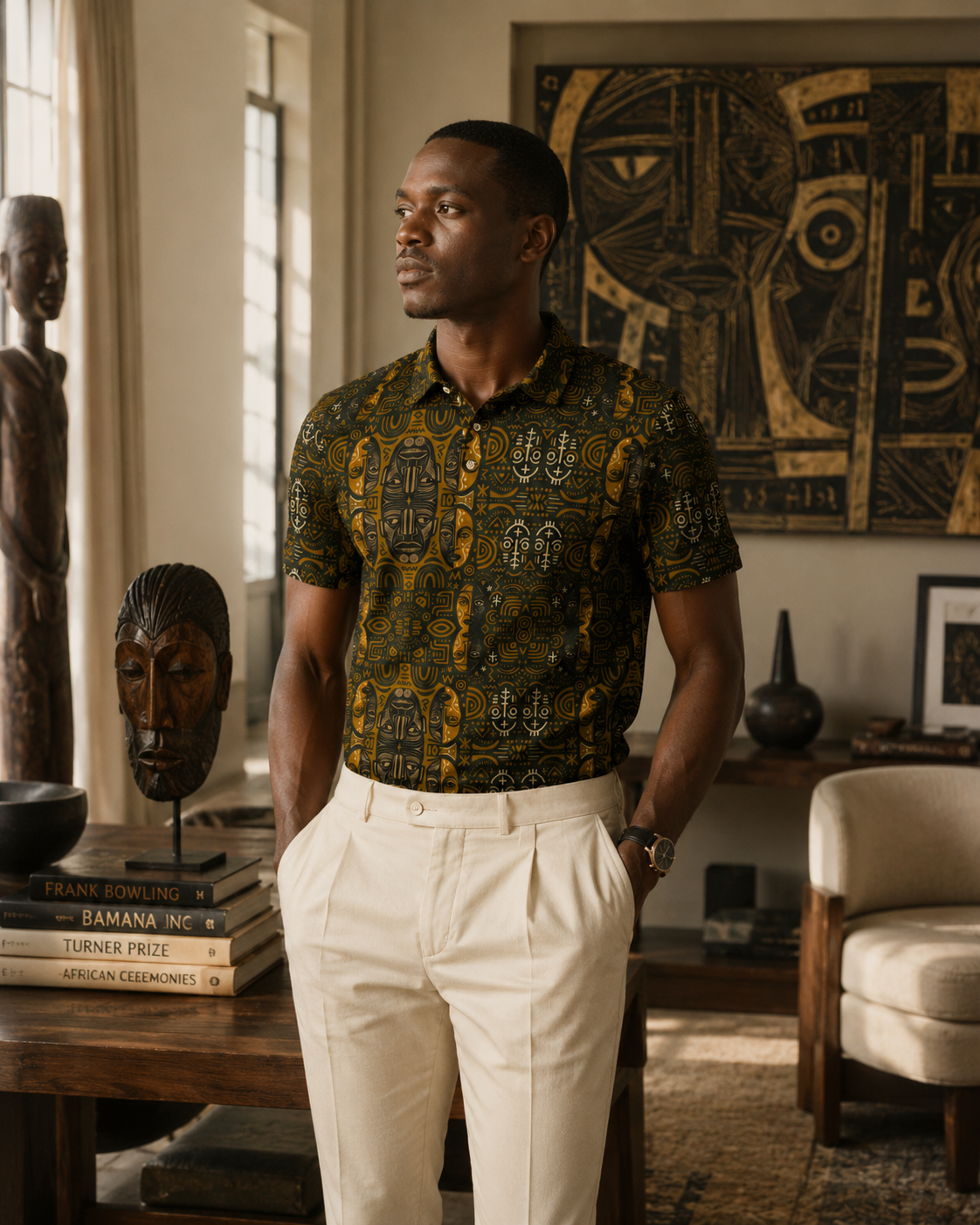 Le Polo Cintré Kasuba associe coupe contemporaine et imprimé inspiré des arts africains. Une création raffinée signée Élisabeth Akaïa Kaï, pensée pour les hommes en quête d'élégance, de caractère et d'expression culturelle.