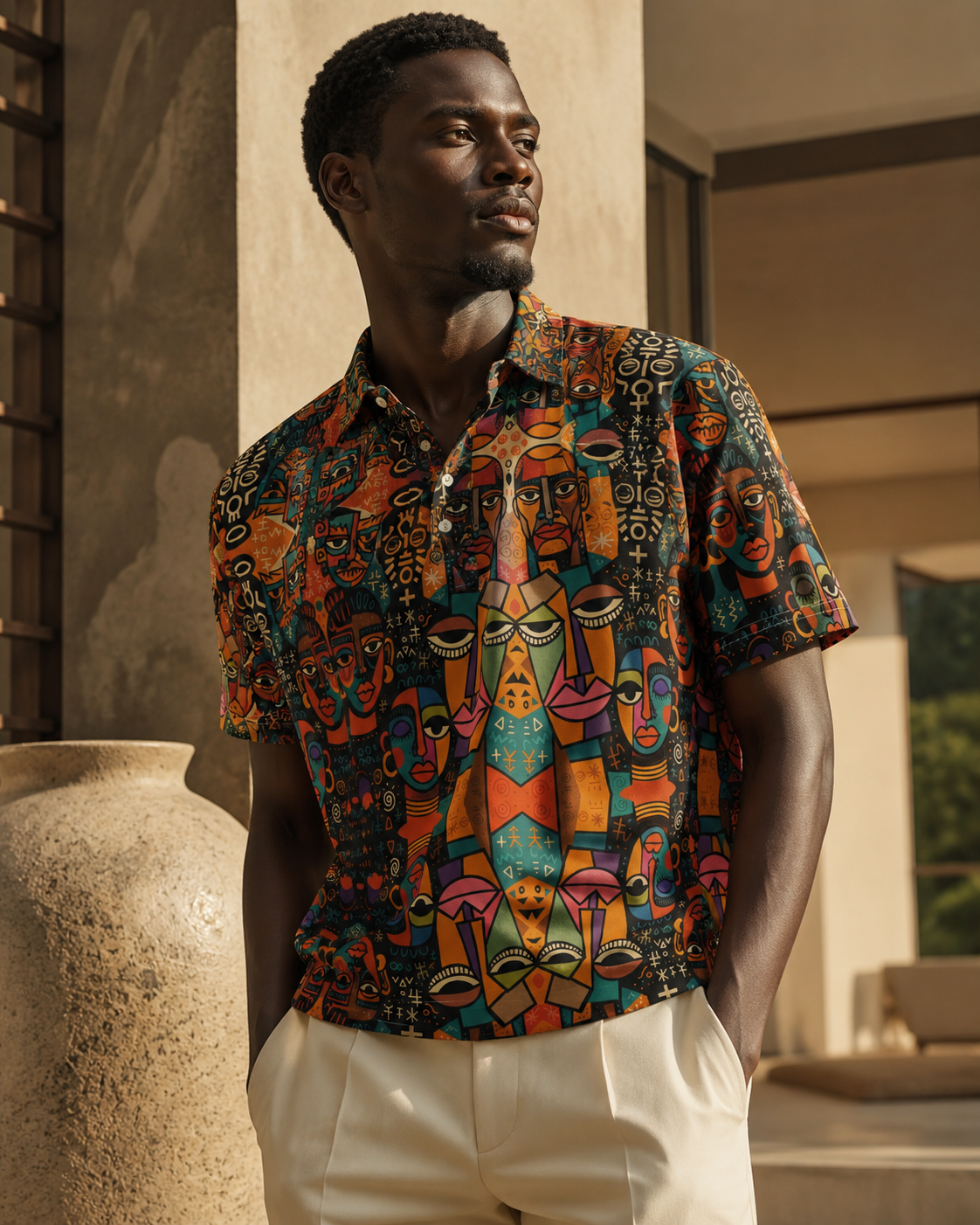 Une création afro luxe pensée pour les hommes en quête d’élégance singulière. Le polo ELISABETH AKAIA KAI sublime l’art textile africain dans une silhouette contemporaine et raffinée.