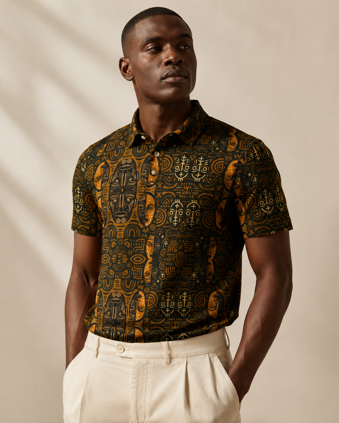 Le Polo Cintré Kasuba met en valeur la silhouette grâce à sa coupe ajustée et son imprimé artistique inspiré des masques et symboles africains. Une création à la fois expressive, confortable et élégante.