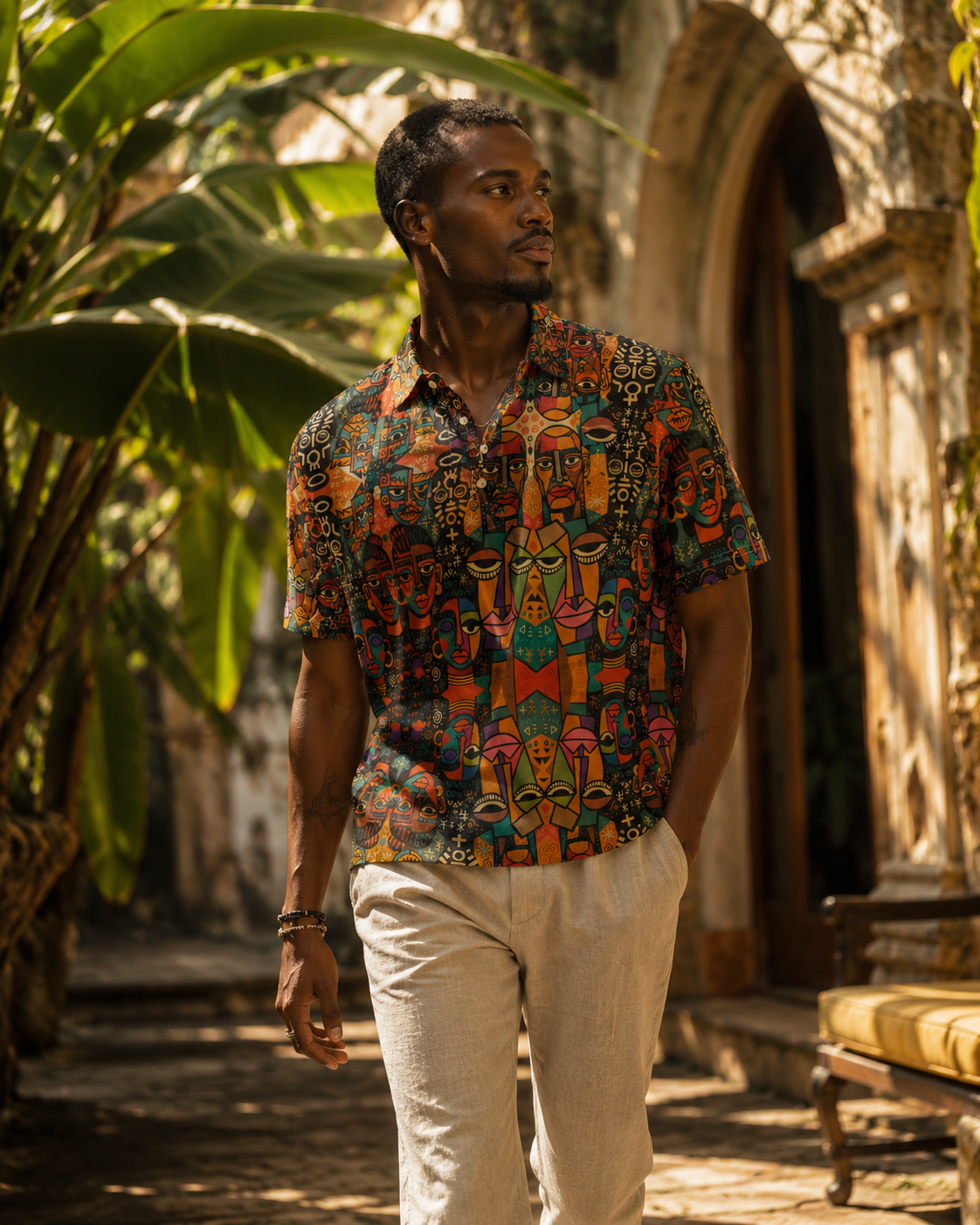 Inspiré par la lumière de Libreville et l’énergie tropicale africaine, ce polo homme ELISABETH AKAIA KAI associe sophistication naturelle, motifs culturels et allure resort contemporaine.