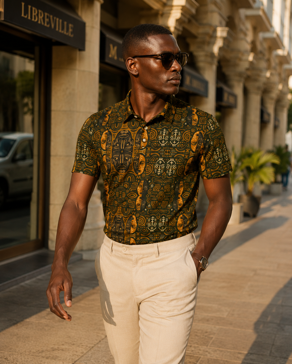 Porté au cœur de Libreville, le Polo Cintré Kasuba révèle une silhouette élégante et moderne. Son imprimé exclusif inspiré des symboles africains accompagne un vestiaire masculin sophistiqué et intemporel.