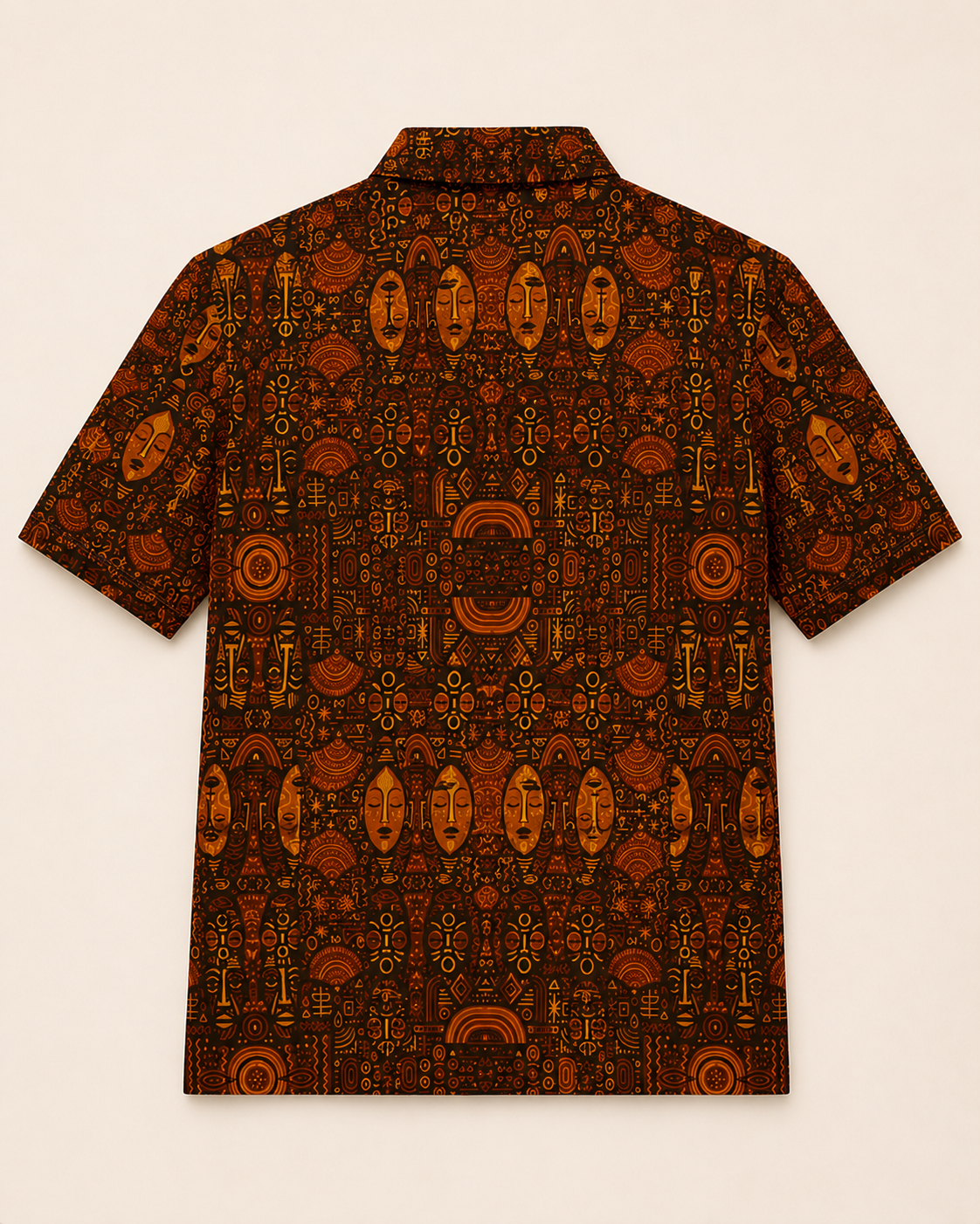 Le dos du polo Ndaia devoile toute la richesse de son dessin textile exclusif. Une piece de caractere qui celebre la rencontre entre patrimoine artistique africain et luxe contemporain.