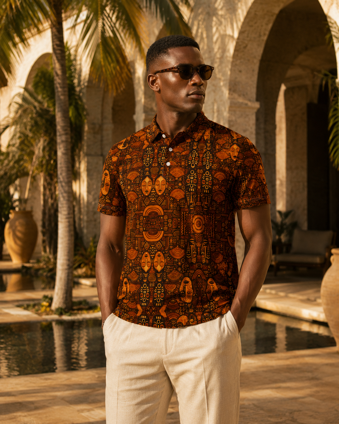 Le polo Ndaia accompagne les voyages sous le soleil avec une silhouette elegante et un imprime artistique exclusif. Une piece pensee pour les amateurs de luxe contemporain et d'heritage culturel.