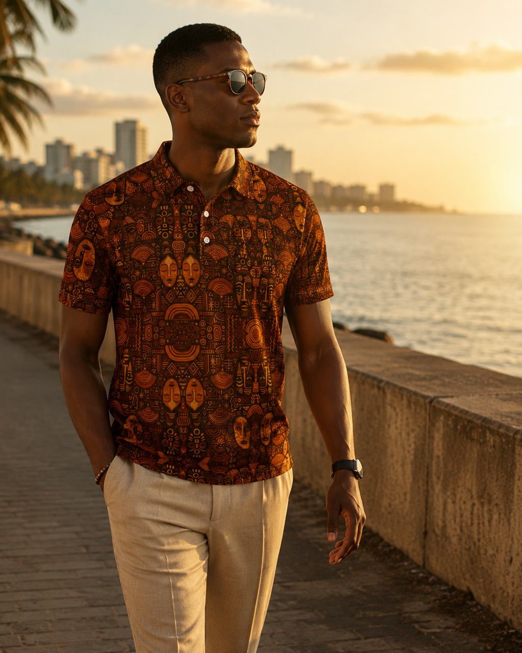Entre ocean et lumiere doree, le polo Ndaia revele toute la richesse de ses motifs inspires des arts africains. Une creation exclusive pour un vestiaire masculin raffine et intemporel.