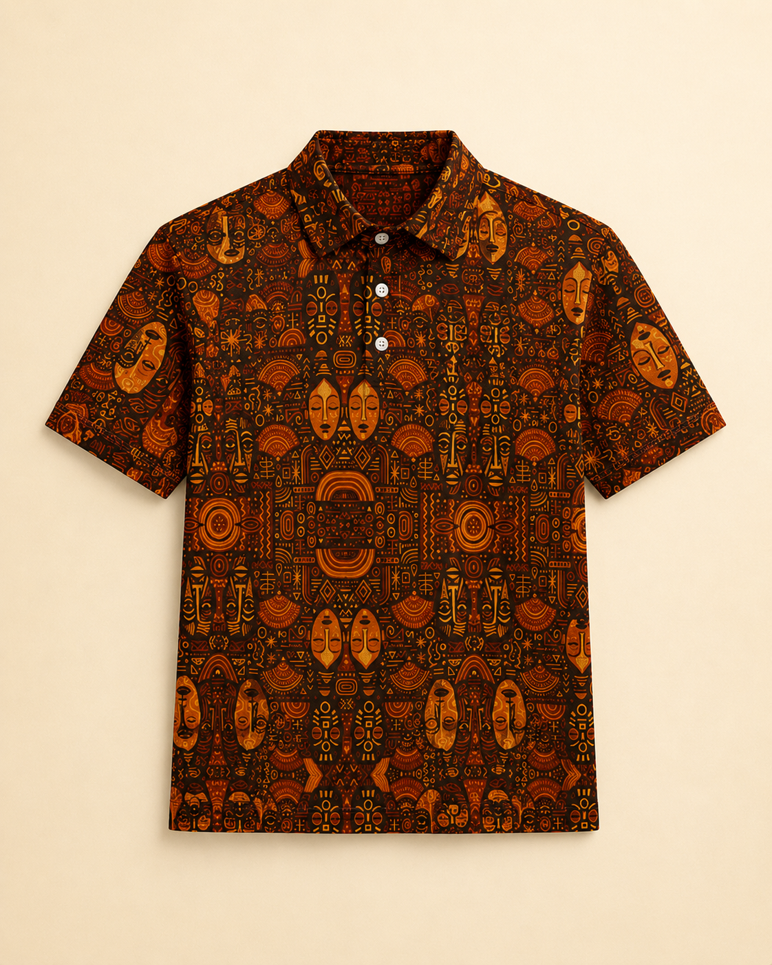 Le polo Ndaia associe motifs inspires de l'art africain, palette solaire et coupe contemporaine. Une creation signature de la collection Les Rituels Solaires concue en edition limitee.