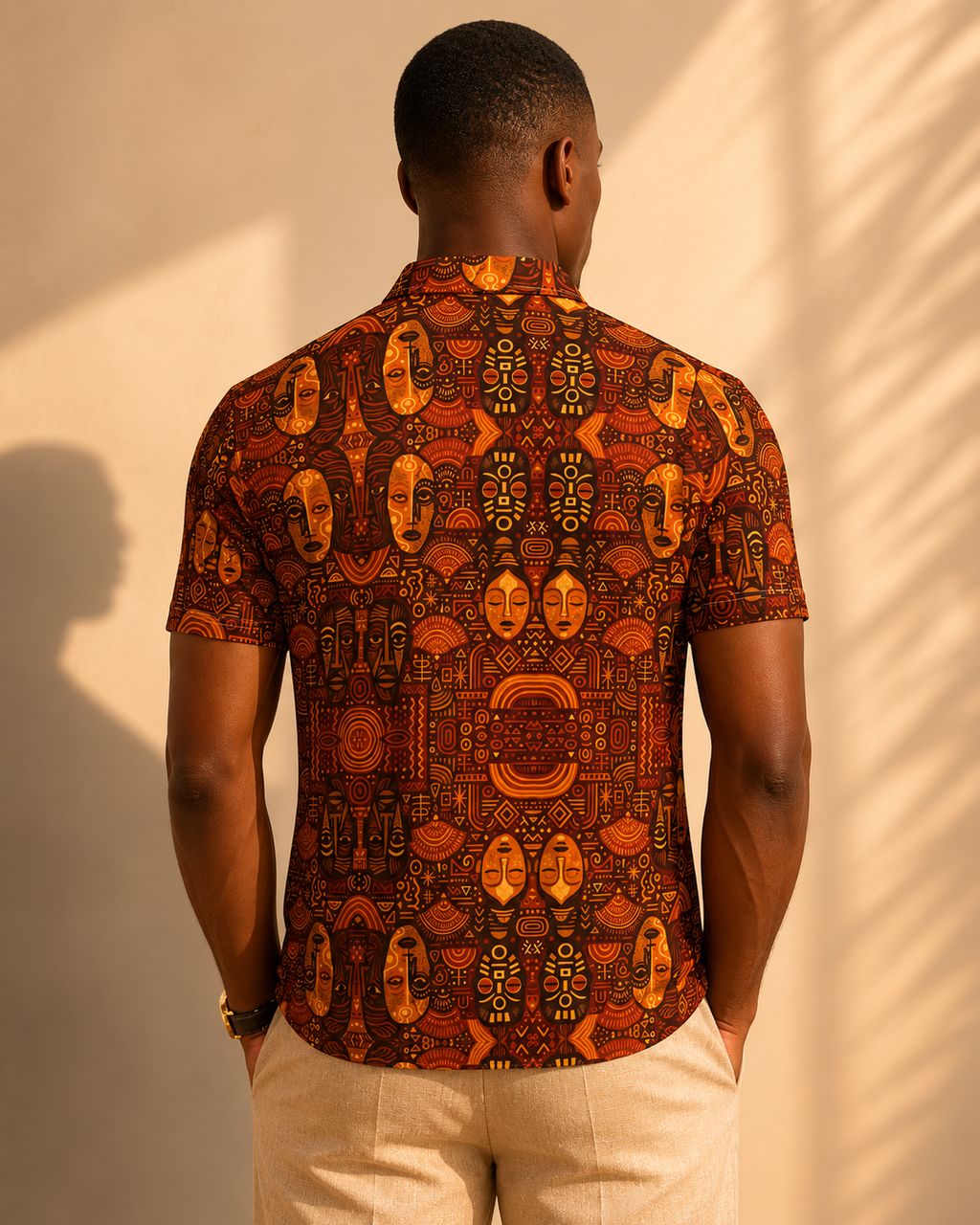 Vue arriere du polo Ndaia mettant en lumiere la continuite de l'imprime exclusif. Une composition visuelle riche qui transforme le vetement en veritable oeuvre textile a porter.