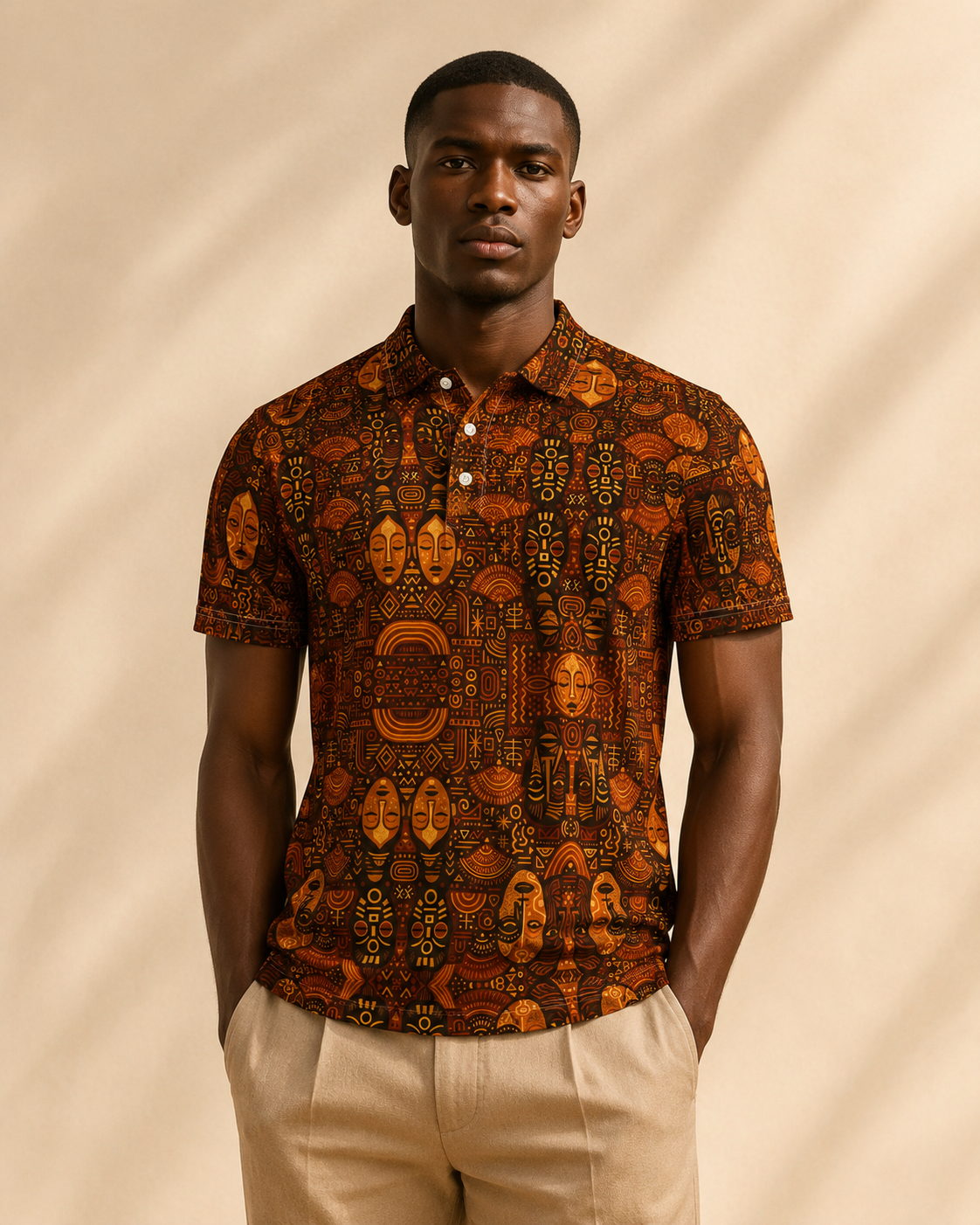Le polo Ndaia se distingue par son imprime graphique inspire des symboles et masques africains. Sa coupe moderne souligne la silhouette tout en offrant confort et elegance au quotidien.