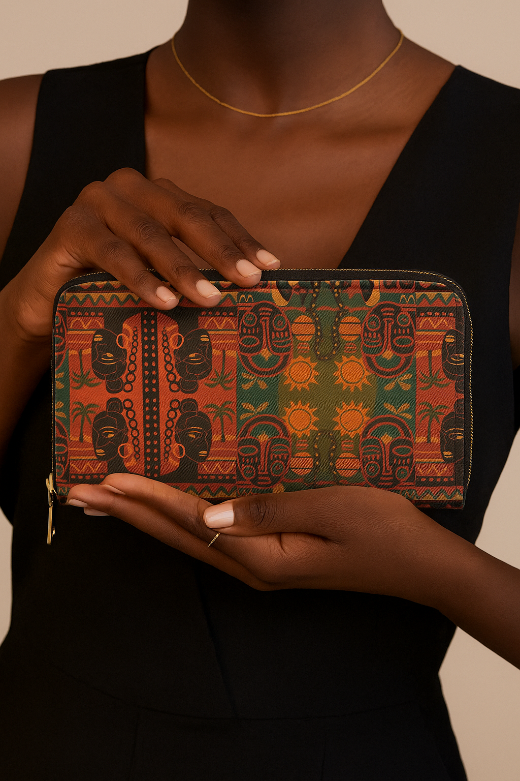 Femme afro chic habillée en noir tenant le portefeuille Nzinga imprimé ethnique, accessoire afro luxe artisanal.