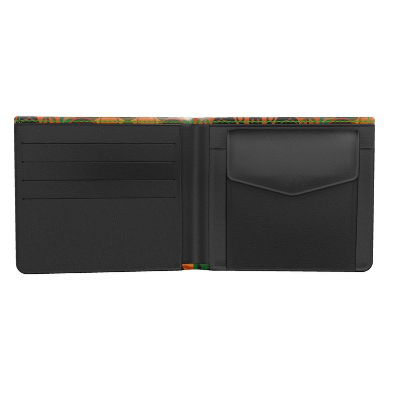 Vue ouverte du portefeuille Nzinga, présentant les emplacements pour cartes et la poche à monnaie. Fabrication artisanale et design pratique au service du luxe.
