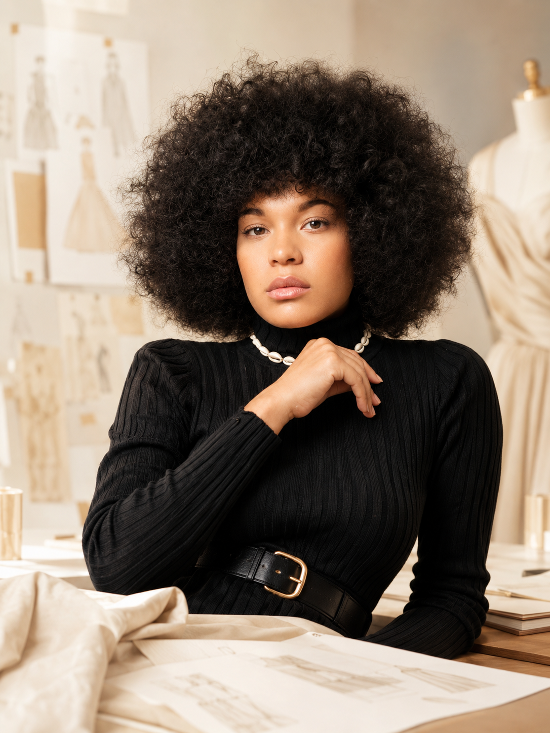 Portrait de la créatrice dans un atelier de mode lumineux, entourée de croquis et de mannequins, pour présenter la création sur mesure Élisabeth Akaïa Kaï.