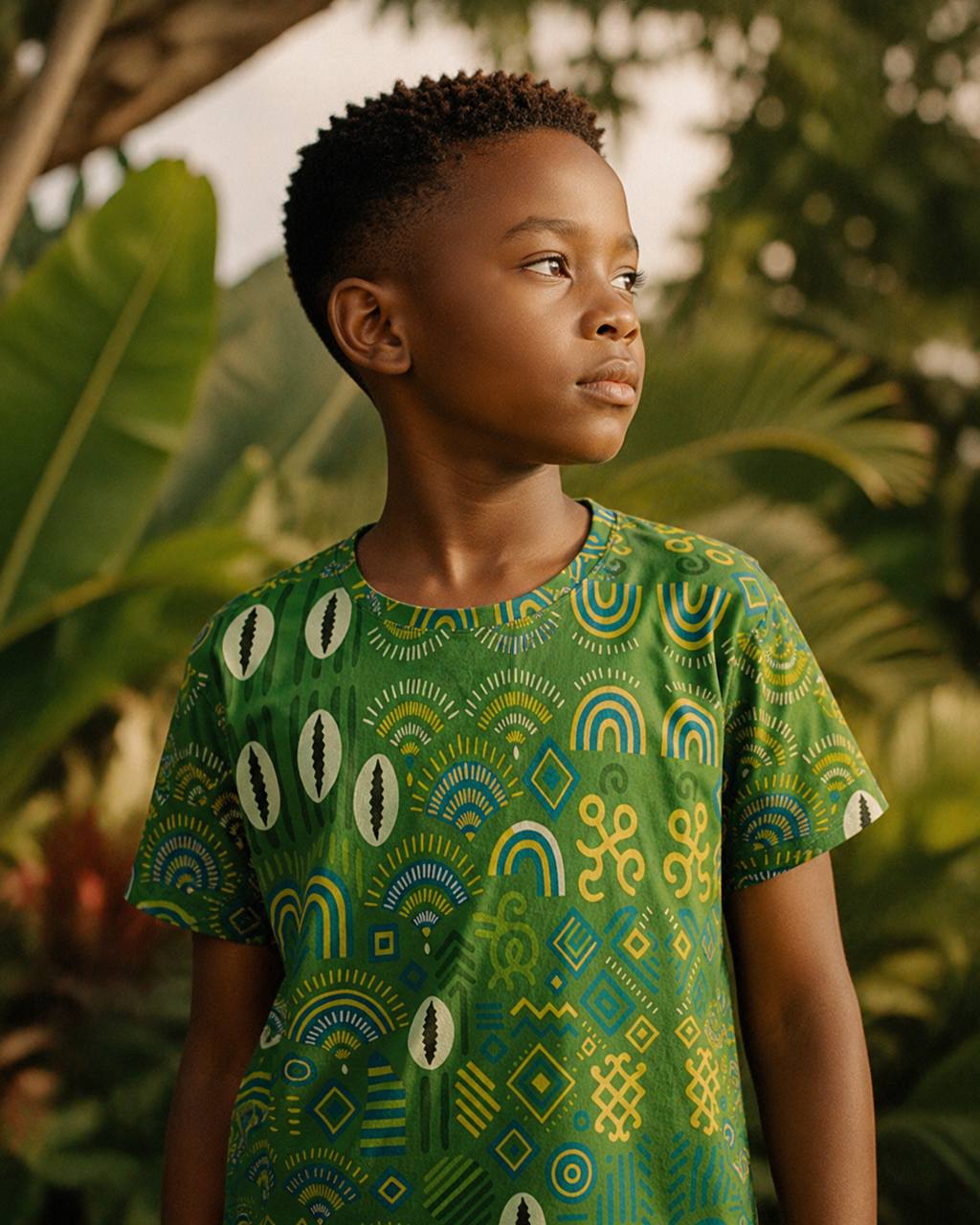 Le t-shirt Mwana associe élégance contemporaine et inspiration africaine. Une pièce emblématique de la collection enfant Élisabeth Akaïa Kaï, conçue pour les jeunes explorateurs.
