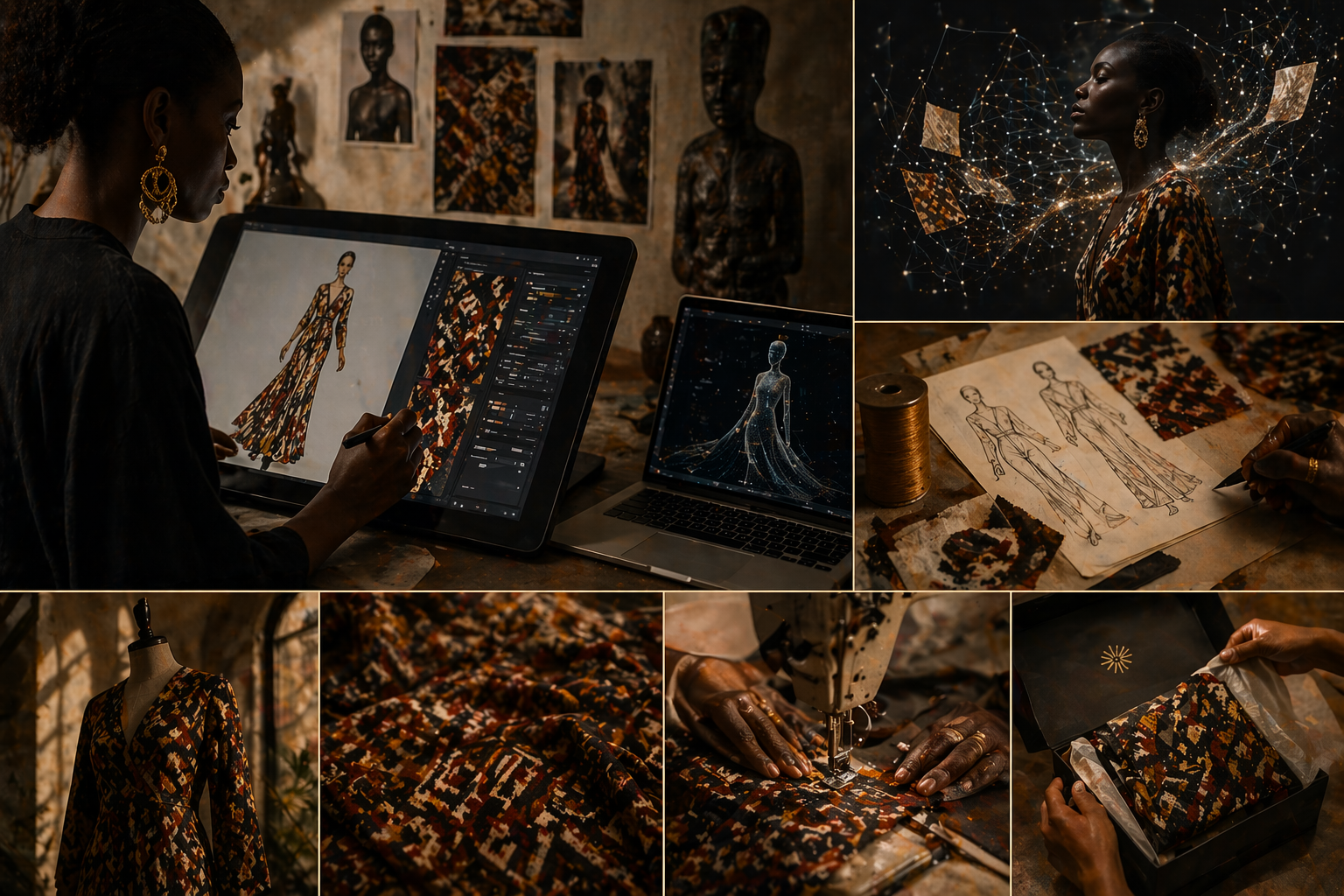 Atelier éditorial montrant le dialogue entre intelligence artificielle, design textile et savoir-faire artisanal dans le processus créatif exclusif d’Élisabeth Akaïa Kaï.
