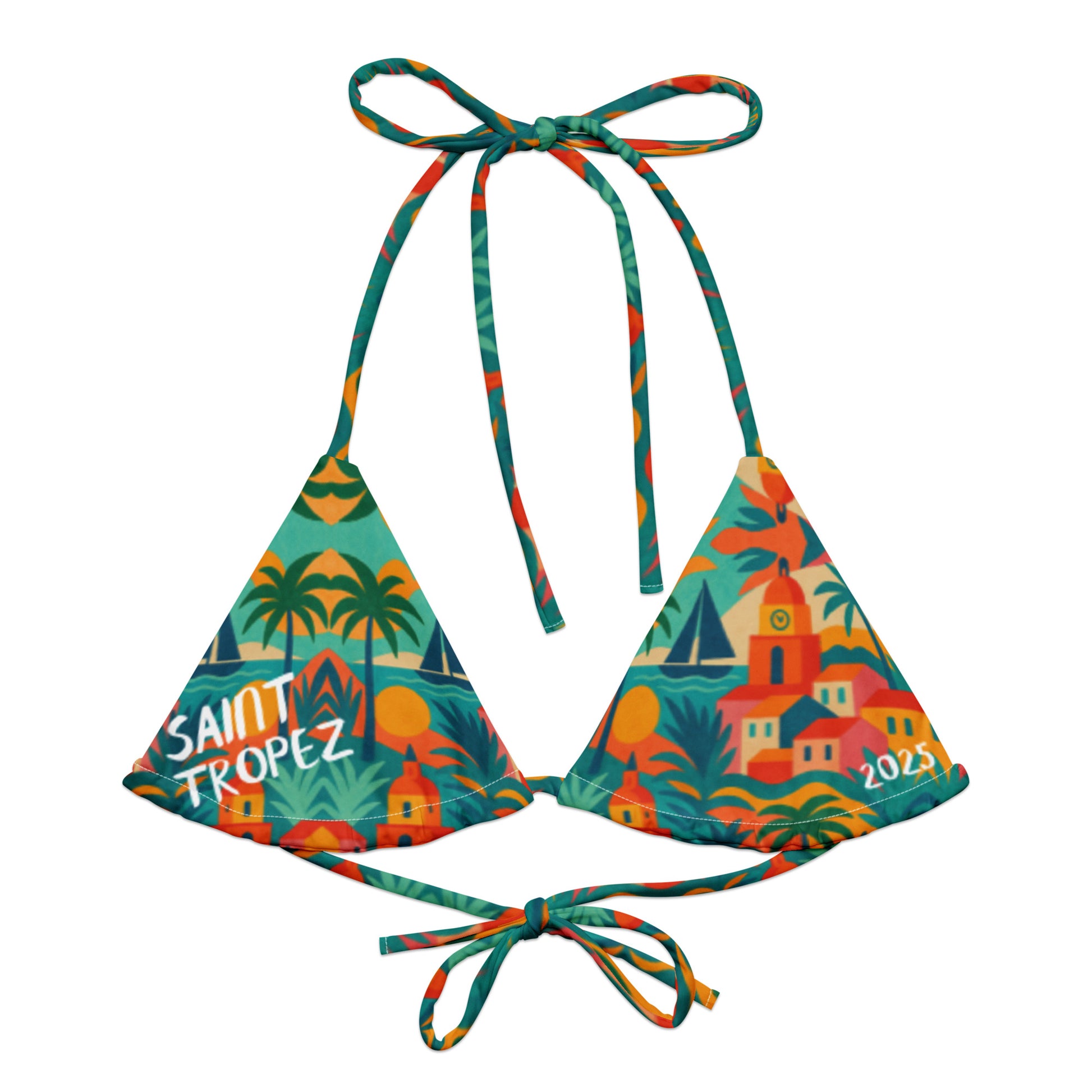 Haut de bikini triangle Rêve Riviera – imprimé artistique exclusif Elisabeth Akaia Kai – Collection Saint-Tropez – maillot de bain luxe en polyester recyclé